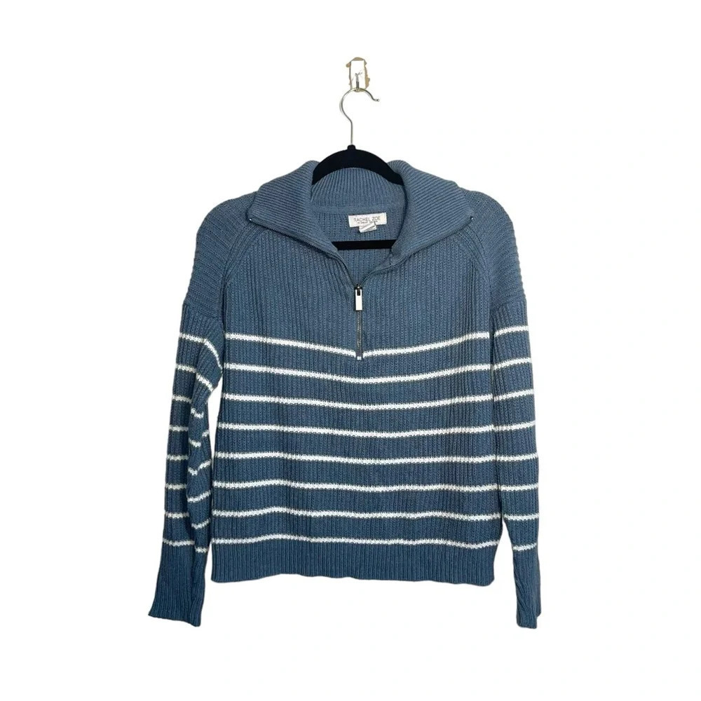 Rachel Zoe Steel Blue & White Striped Collar Quarter Zip Sweater Xsmall Women’s